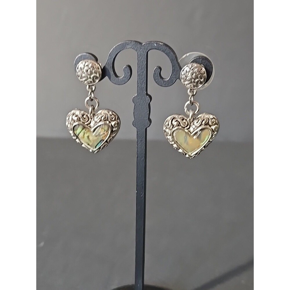 Vintage Silver Plated Abalone Heart Shape Scroll Dangle Post Pierced Earrings